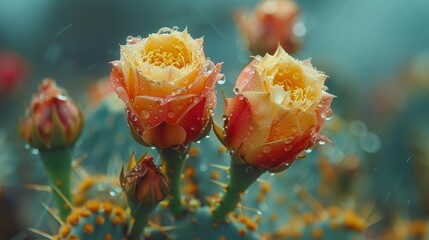 Beautiful blooming cactus flowers with raindrops, showcasing vibrant colors and unique textures in a natural environment.