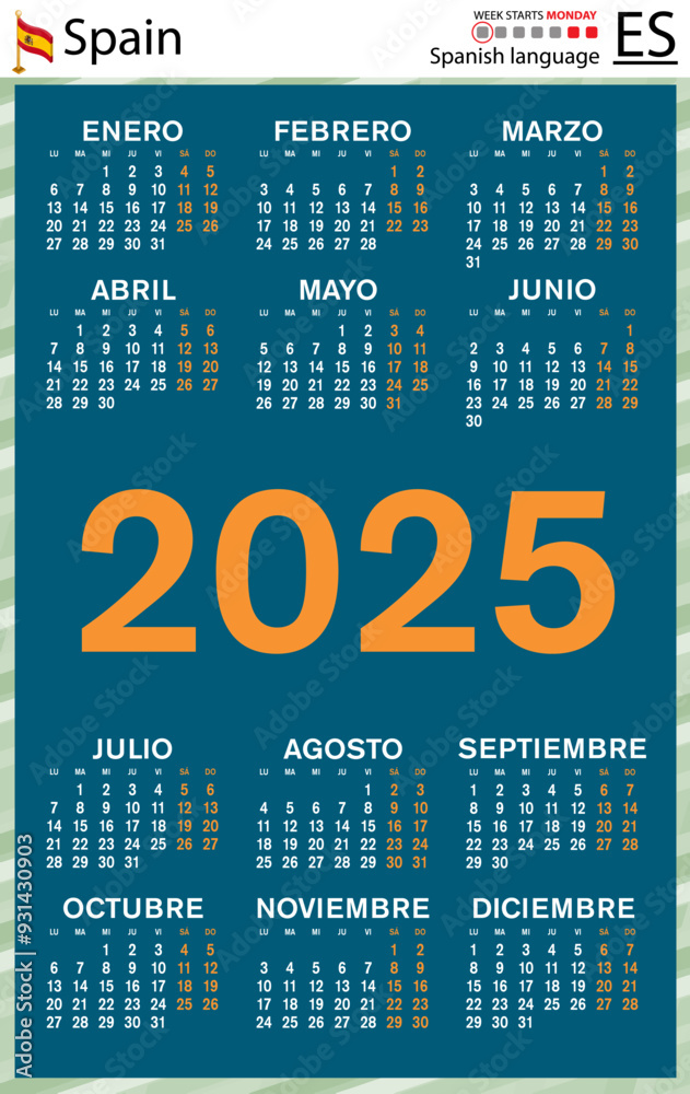 Spanish vertical pocket calendar for 2025. Week starts Monday Stock ...