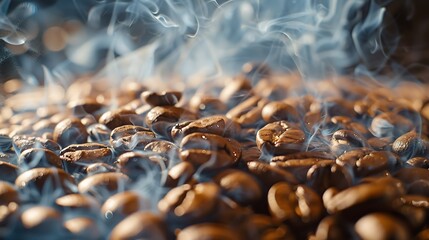 Poster - Coffee beans roasting with smoke  selective focus and soft focus : Generative AI