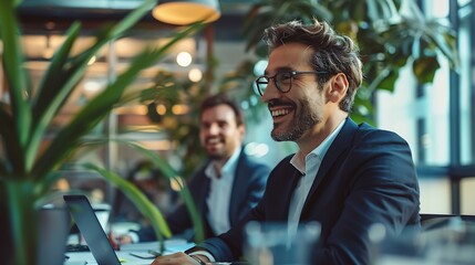 Poster - Businessmen sitting in office and having online conference with employees via TV screen Connecting with colleagues remotely Concept of business teamwork cooperation with colleagues : Generative AI
