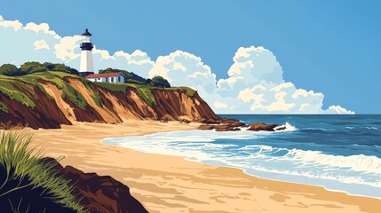 A picturesque beach with a small lighthouse perched on a cliff. The lighthouse overlooks the sandy shore and the rolling waves, adding a charming and iconic touch to the coastal scene