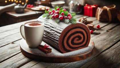 Festive Christmas Chocolate Yule Log Cake, Bûche de Noël, with Hot Chocolate and Holiday Decorations Close Up.