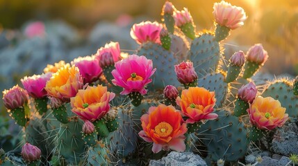 Vibrant cacti flowers bloom in a desert landscape, showcasing a stunning array of colors under the warm sunlight.