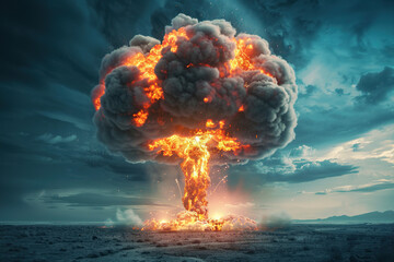 Wall Mural - Generative ai on theme of scary nuclear explosion in outdoor, mushroom cloud of nuclear weapons