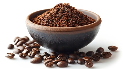Poster - Roasted coffee beans and ground coffee instant coffee in bowl isolated on white background : Generative AI