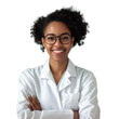 © Nick - Scientist surgeon physician doctor pharmacist chemist  forensic young female African American smile eyeglasses  isolated transparent background