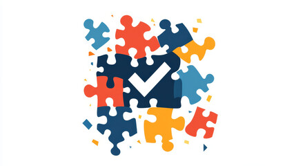 Vector illustration of puzzle pieces with a check mark. This icon represents successful collaboration and teamwork, symbolizing how individual efforts come together to achieve a shared goal. 