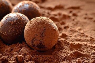 Poster - Chocolate truffles on dark background covered in cocoa powder and chocolate shavings