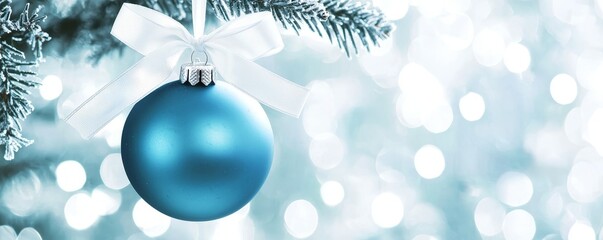 Leinwandbilder - A silver ribbon bow is tied around a Christmas ball on a blurry lights background with a Christmas tree in the background