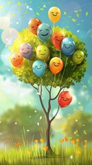 Poster - Happy holiday, funny tree with balloons