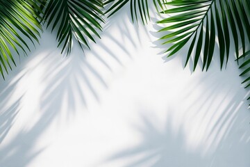 Poster - A flat lay of tropical palm leaves on concrete texture. Natural shadow overlay. Shadows of leaves in sunlight. Summer vacation, nature concept.