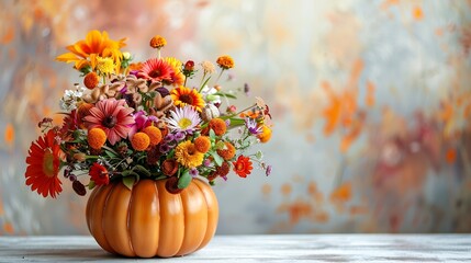 Poster - Autumn bouquet of bright flowers in a pumpkin handmade vase Cozy home atmosphere fall decor White background : Generative AI