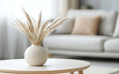 Poster - Beautiful dry grass bouquet in a vase in a boho living room with blurred background