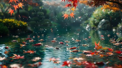 Poster - A Japanese garden with a Japanese maples on the forgetting and background sure surrounding a carp lake : Generative AI