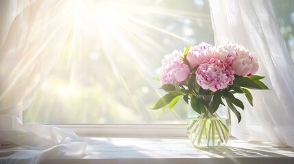 Aufkleber - An arrangement of pink and white peonies in a vase placed on a windowsill in the sun, with a white background in the room, a product display presentation backdrop