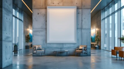 Poster - corporate branding identity logo display white blank frame mockup with modern business offices reception background as banner with copy space area mock up : Generative AI