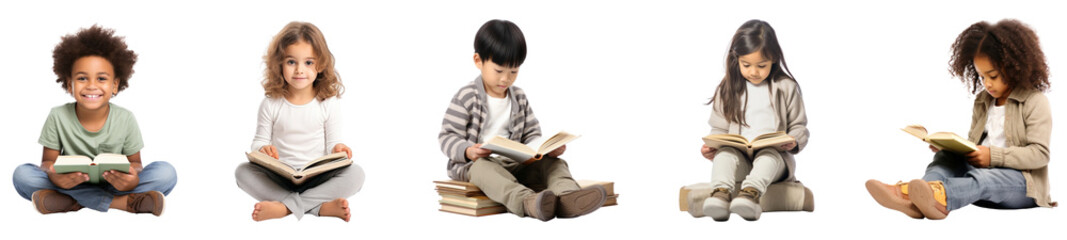 children reading books png cut out element set