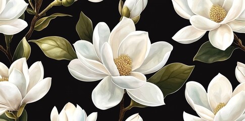 Wall Mural - an artwork illustration design wallpaper featuring magnolia flowers with green leaves