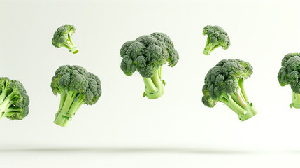 Floating broccoli in air, florets, in the middle, with whole broccoli on white background