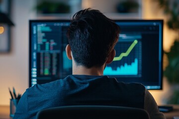 Leinwandbilder - Analyzing data on a computer screen with colorful bar charts in a modern office by a focused man