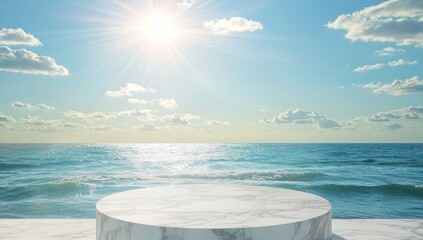Poster - The background for product display is a sunny beach with ocean waves and blue skies, with a natural marble pedestal on top.