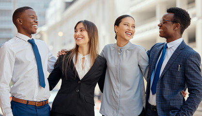 Wall Mural - Team, smile and business people in city for support, diversity and coworking in town. Happy, group or corporate workers outdoor for cooperation, community or urban planner laugh at funny conversation