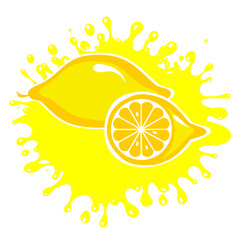 Lemon slice with splash. Citrus fruits slice isolated on White background. Close-up. Fresh lemon sliced and splashing on yellow background, isolated vector illustration