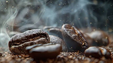 Aufkleber - Roasted coffee beans Seeds of freshly roasted coffee with smoke Coffee beans closeup with emphasis on the grain with smoke : Generative AI
