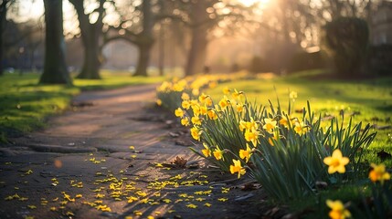 Wall Mural - Blooming Daffodils in public park of Glasgow Scotland during springtime : Generative AI