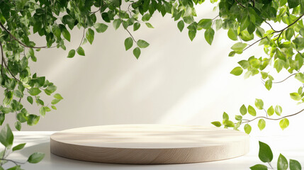 Wood podium tabletop floor with tree branches green leaf on white background