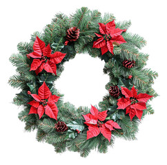 Wall Mural - festive wreath with poinsettias and pinecones, cut out - stock png.