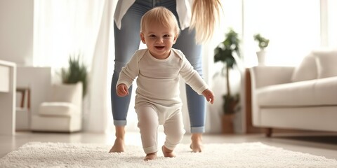 Wall Mural - A woman is holding a baby and they are walking on a carpet. The baby is smiling and the woman is smiling back. Scene is happy and joyful