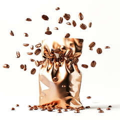 Poster - Glossy Metallic Bag Mockup, aromatic coffee beans floating around