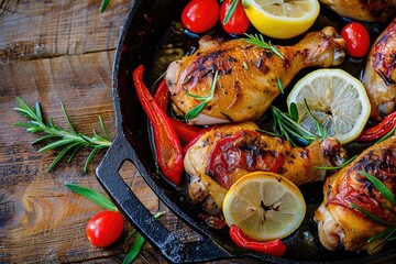 Wall Mural - Skillet Meal. Roasted Chicken Legs with Bell Pepper, Lemon and Sweet Tomatoes in Black Cast-Iron Skillet