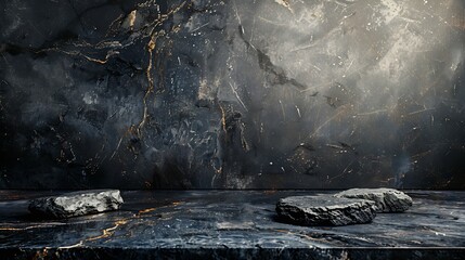 Fototapete - empty grey marble tabletop with dark black cement stone background for product displayed in rustic mood and tone luxury background for product stand with empty copy space for party pro : Generative AI