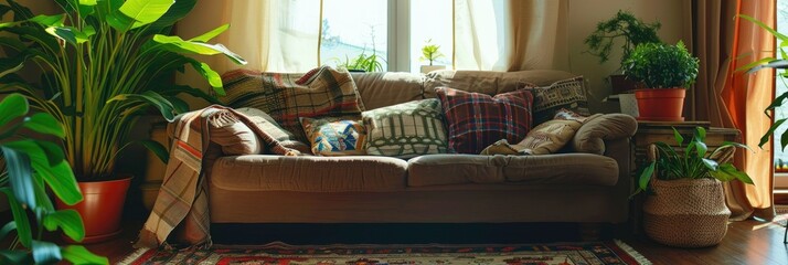 Poster - Bohemian-inspired living room showcasing a brown couch decorated with pillows by a window, complemented by vibrant houseplants in terracotta pots, a wicker basket with a plaid throw, and a beautifully