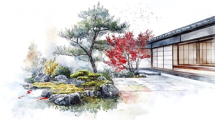 Canvas Print - Watercolor Painting of a Japanese Garden with a Pond and Koi Fish.