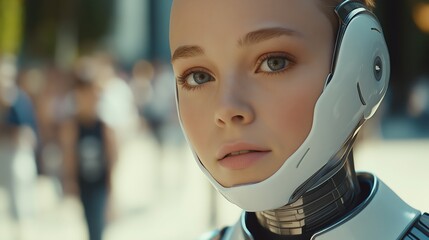 Poster - A woman in a white robot suit with a white helmet and a blue eye. She is looking at the camera