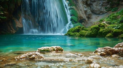 Poster - Tranquil waterfall with mosscovered rocks and clear teal water exhibiting serene natural beauty : Generative AI