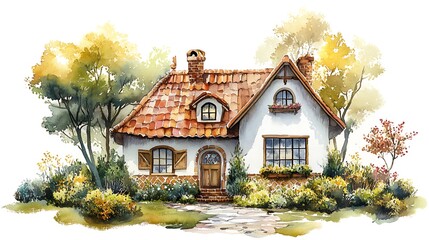 Wall Mural - Watercolor painting of a charming cottage surrounded by trees and flowers.