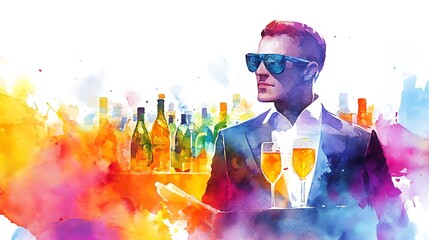 Watercolor illustration of a man in a suit holding a tray with two glasses of champagne, against a backdrop of colorful bottles and a watercolor background.