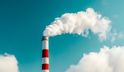 A photo of smoke from the chimney on an industrial plant against a blue sky, with white clouds and copy space.