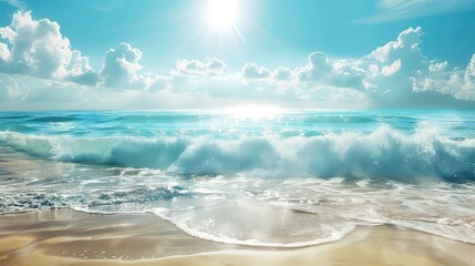 Canvas Print - A beautiful seascape with a crashing wave, a sandy beach, and a bright sun in a blue sky with fluffy clouds.