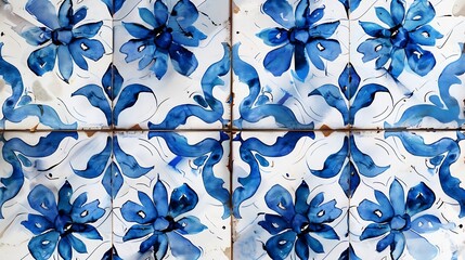 Poster - Seamless Algerian pattern Square vintage tile Blue and white watercolor ornament painted with paint on paper Handmade Print for textiles Seth grunge texture : Generative AI