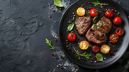 Poster - meal meat food fine cuisine beef elegant black modern restaurant table top view decoration chef gourmet dinner tasty delicious diet : Generative AI