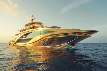 Luxury private motor yacht in tropical sea with soft blue wave on beautiful nature background