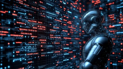 Poster - A robot is standing in front of a wall of computer code. The robot is wearing a helmet and has a human-like face. The computer code is colorful and complex, giving the impression of a futuristic world