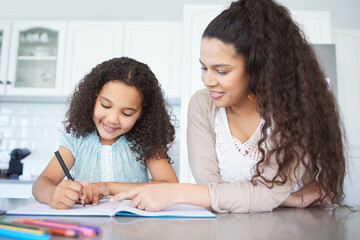 Poster - Smile, mom and help to girl, homework and teaching of math, writing and education for kid in kitchen. House, pointing and mother with answer for question and learning of child, growth and development