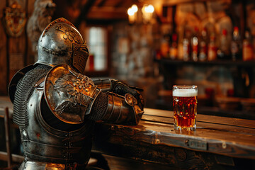 Wall Mural - A fantastic royal knight in armor drinks beer at a local bar