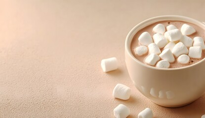 Cup of hot chocolate with marshmallows on beige background, close-up. hot cocoa concept, banner for stock photo or illustration. 